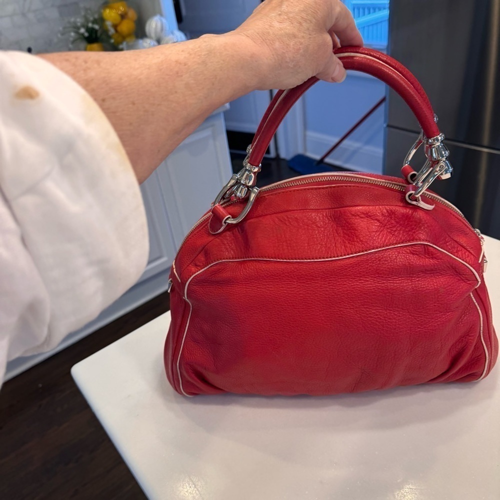 Tosca Blu Red Leather 2 Handle Satchel With Bold Chrome Accents white piping - Picture 6 of 16